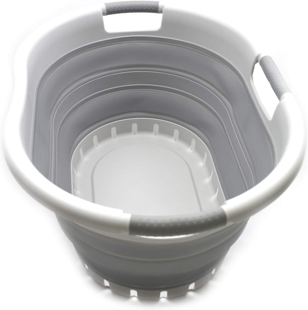 SAMMART 36L (9.5 gallon) Collapsible 3 Handled Plastic Laundry Basket-Foldable Pop Up Storage Container/Organizer-Space Saving Basket (3 handled Oval, Grey/Grey)