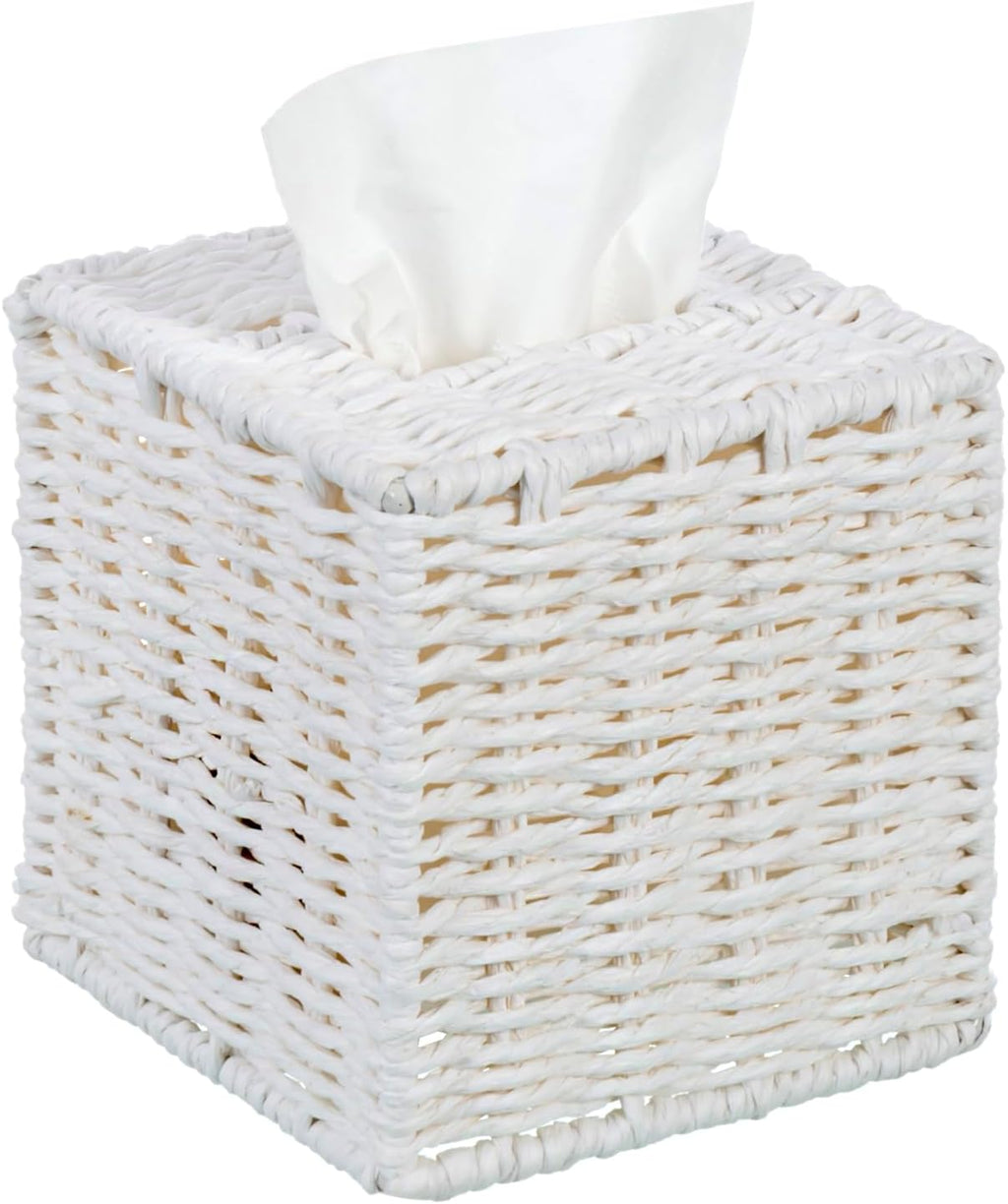 MyGift Decorative White Woven Square Tissue Box Holder with Easy Open Refill Bottom, Bathroom Decor Facial Tissues Cover with Sturdy Paper Rope Material