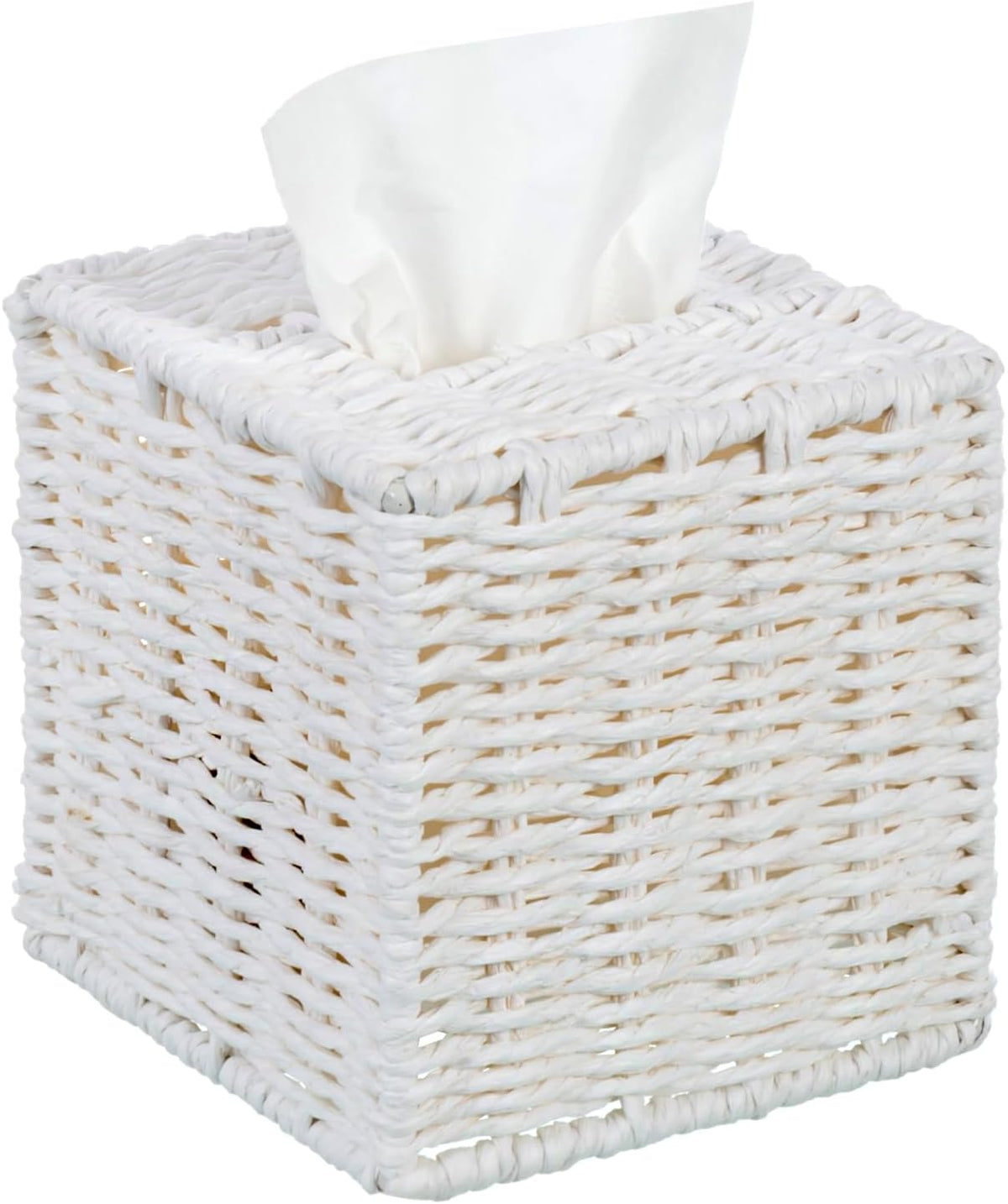 MyGift Decorative White Woven Square Tissue Box Holder with Easy Open Refill Bottom, Bathroom Decor Facial Tissues Cover with Sturdy Paper Rope Material