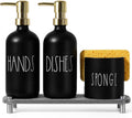 Hand and Dish Soap Dispenser Set, Kitchen Soap Dispenser Set with Sponge Holder, Black Glass Dish Soap Dispenser for Kitchen with Gold Pump, Instant Dry Tray, 17 fl oz Farmhouse Kitchen Decor