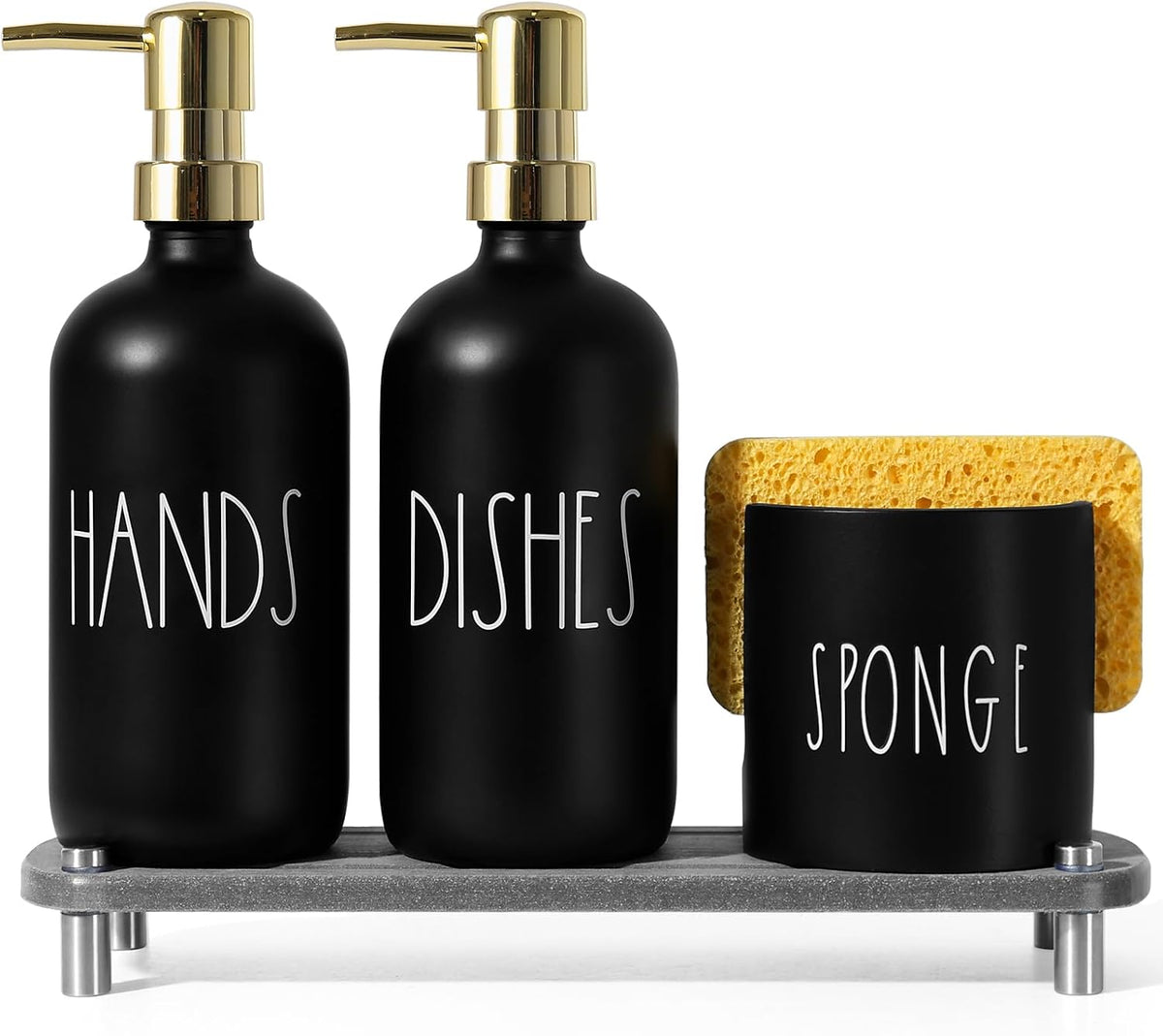 Hand and Dish Soap Dispenser Set, Kitchen Soap Dispenser Set with Sponge Holder, Black Glass Dish Soap Dispenser for Kitchen with Gold Pump, Instant Dry Tray, 17 fl oz Farmhouse Kitchen Decor