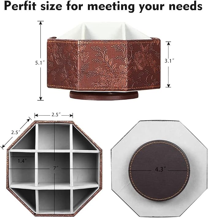 PU Leather Remote Control Holder,360 Degree Spinning TV Remote Caddy,9 Grids Desk Organizers and Accessories for Storage Controller,Calculator,Mail,Media,Pen,Phone etc (Antique)