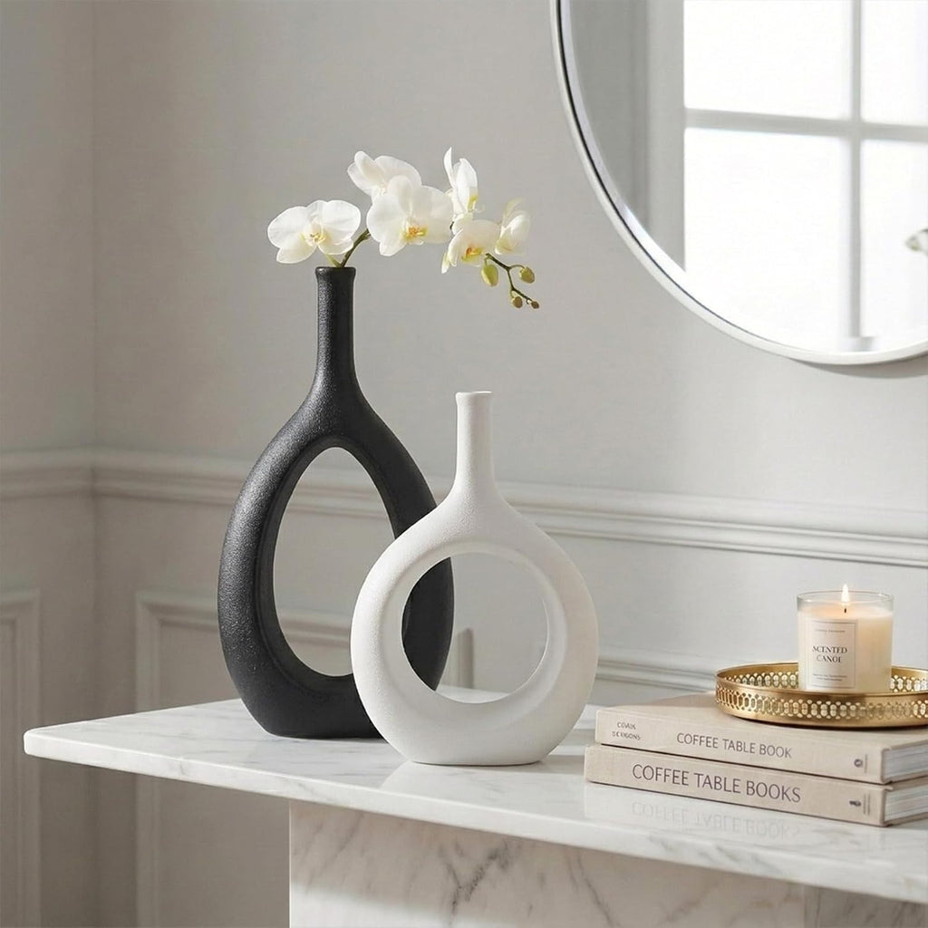 Black and White Ceramic Hollow Elliptical Vase Set of 2 - Boho Circle Vase with Hole, for Modern Black and White Table Decor, Living Room Decor Shelf mid Century Modern Home Entrance Decorative vase