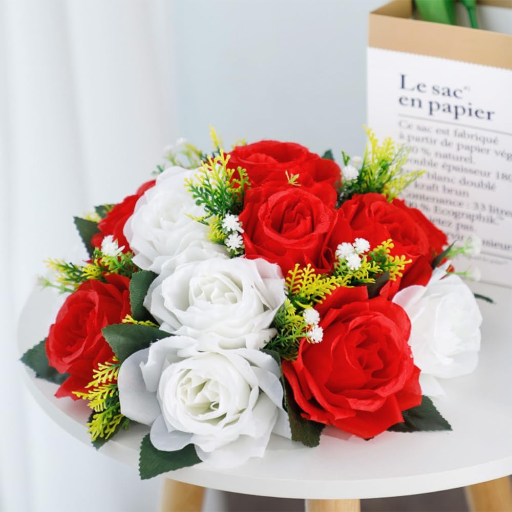 10Pcs Artificial Rose Balls for Centerpieces (Red & White)