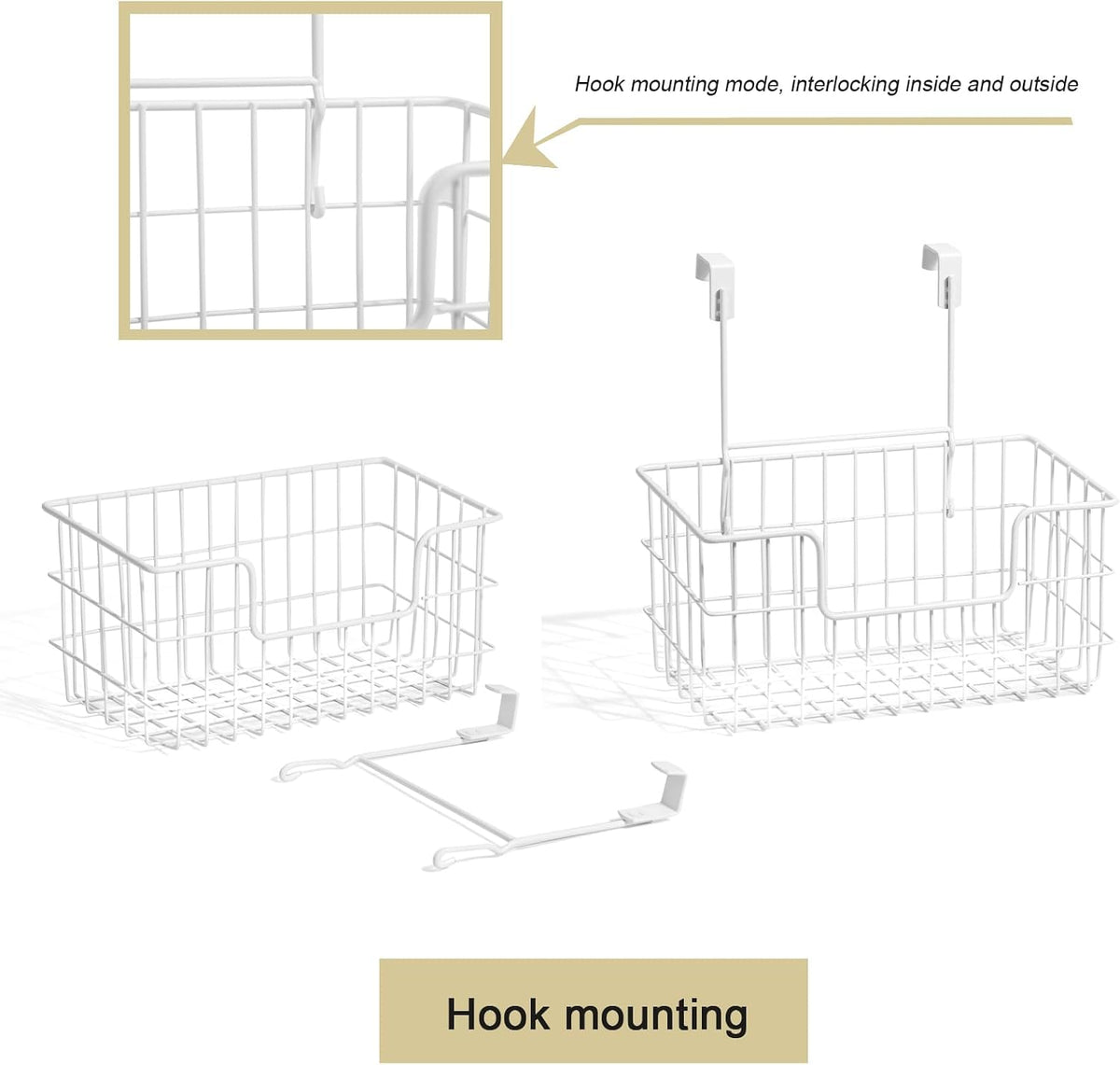 JUNCHU CHERRY Wire Storage Basket 2 Packs, Wall Mounted Kitchen Bathroom, Hanging Cabinet Door Storage Basket, no Drilling, Supporting 2 Types of Hooks, Strong Bearing, Suitable for Home, White