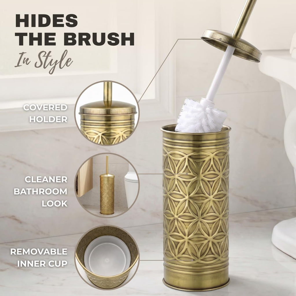 Autumn Alley Toilet Brush and Holder Set with Brushed Brass Bathroom Trash Can – Brass Bathroom Accessories Garbage Can Set for Rustic and Modern Bathroom Décor