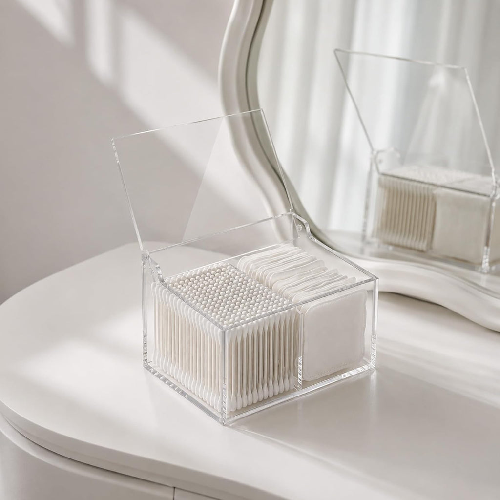 Clear Acrylic Qtip Holder Cotton Swab Ball Holder Qtip Organizer for Clean Skin Club Clean² Pads Cotton Pad and Swab Dispenser 2-Compartment with Flip-Top Lid, Bathroom Organizer
