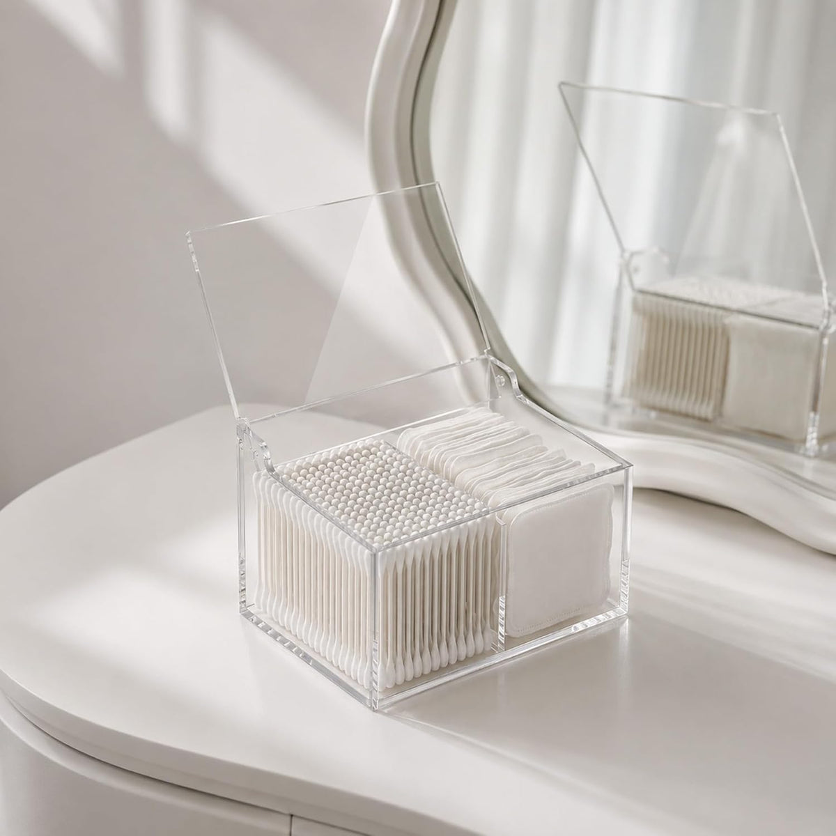 Clear Acrylic Qtip Holder Cotton Swab Ball Holder Qtip Organizer for Clean Skin Club Clean² Pads Cotton Pad and Swab Dispenser 2-Compartment with Flip-Top Lid, Bathroom Organizer