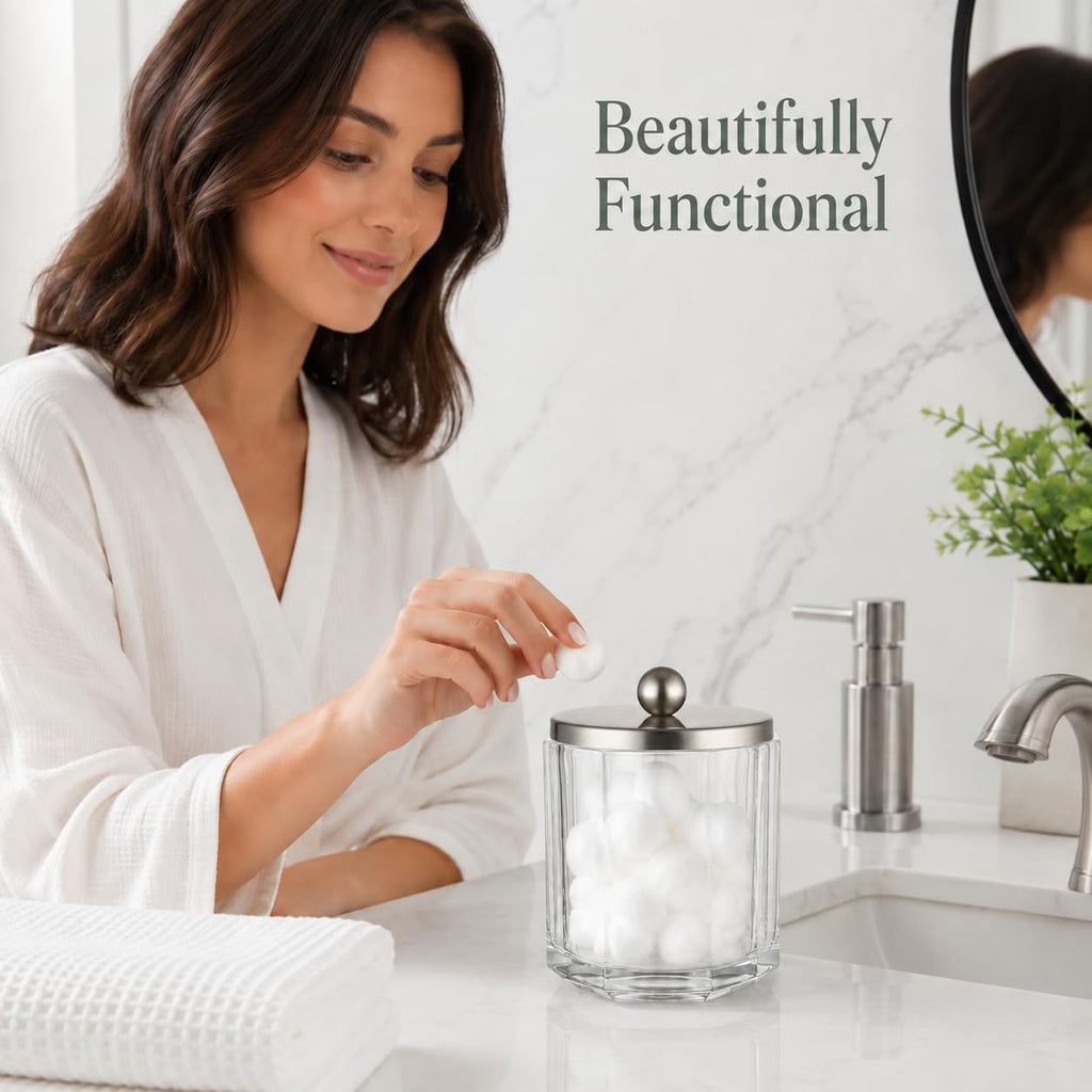 Clear Transparent Apothecary Octagional Shaped Glass Canister Jar With Satin Nickel Metal Lid Cover for Bathroom Organization, Cotton Balls, Q Tips, and Small Accessories, Bath Storage