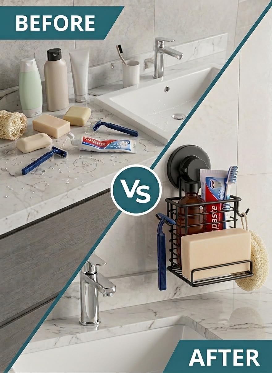 Toothbrush Holder Suction Cup Wall Mounted Toothpaste and Toothbrushes Holder Shelf for Soap Dish or Phone Powerful Vacuum System Rustproof Stainless Steel Organizer Electric Toothbrush (Black)