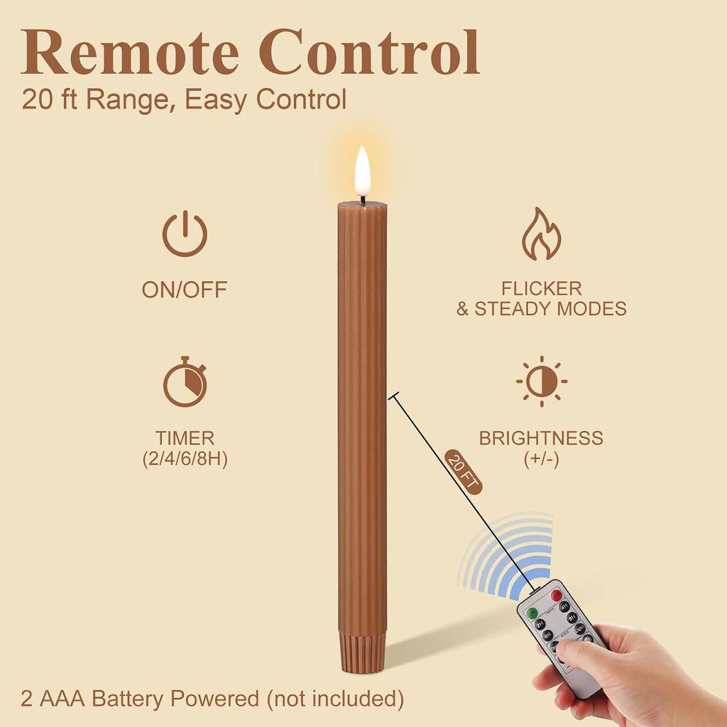 Brown Ribbed Fall Flameless Taper Candles with Remote Set of 4
