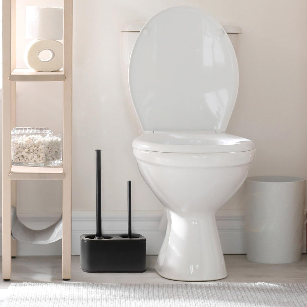 Blue Donuts Toilet Brush and Plunger Set with Holder, Sleek Minimalist Modern Black Bathroom Accessories Toilet Plunger and Toilet Bowl Brush Combo