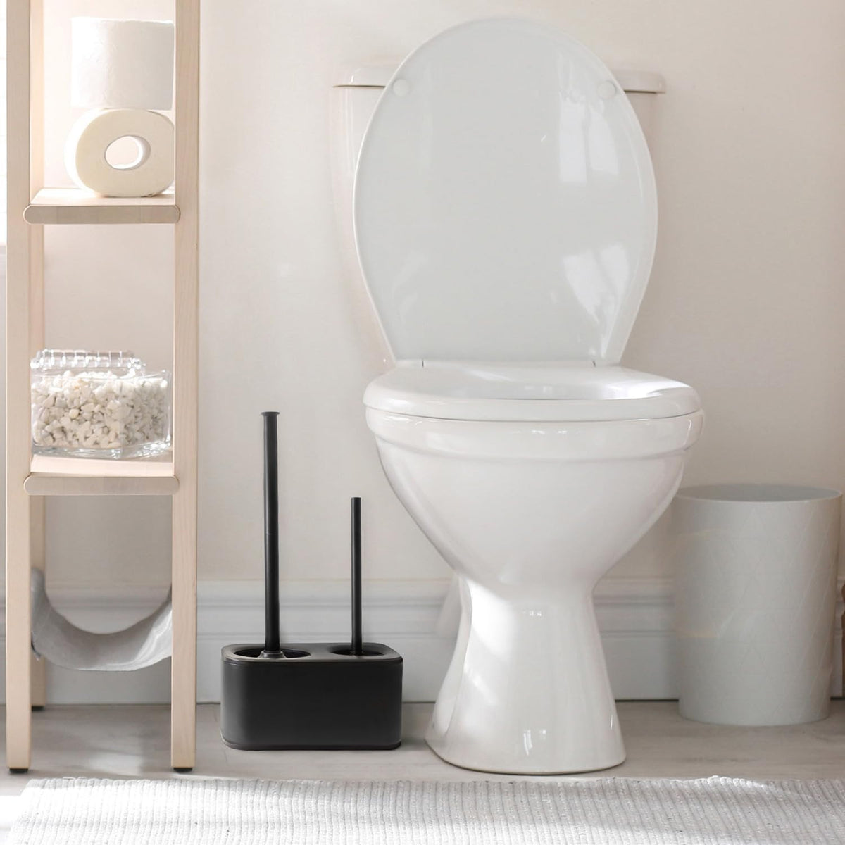 Blue Donuts Toilet Brush and Plunger Set with Holder, Sleek Minimalist Modern Black Bathroom Accessories Toilet Plunger and Toilet Bowl Brush Combo