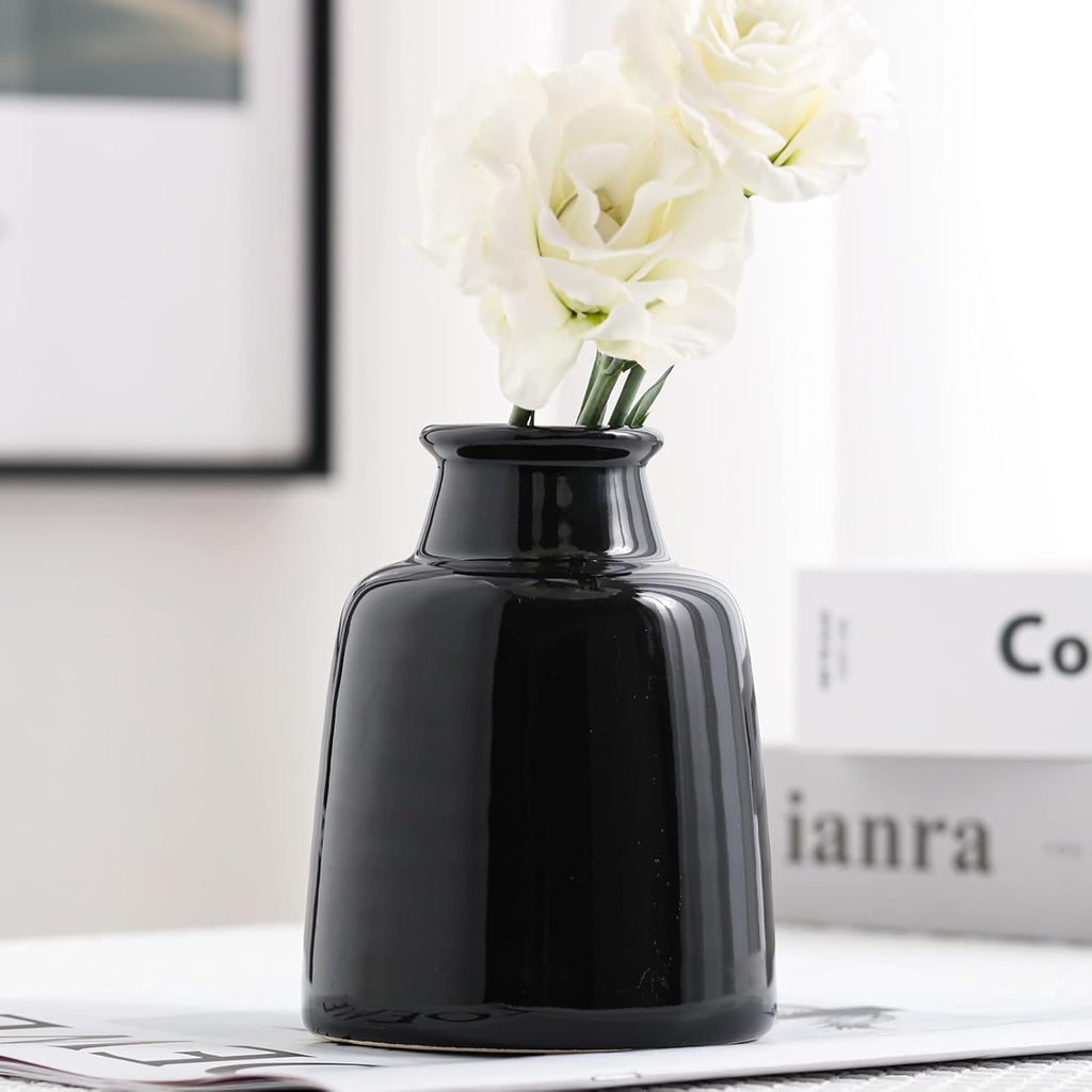 hjn Black Small Vase Set of 3 for Modern Home Decor,Ceramic Vases for Centerpieces Flower Vases for Living Room Wedding/Dinner Table/Party-Black