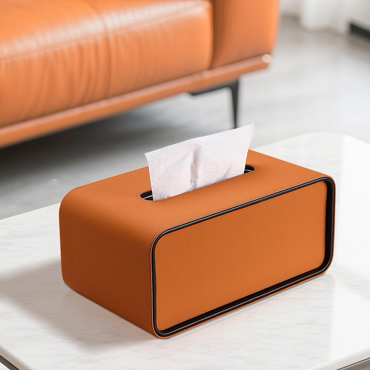 GORESE Rectangular Tissue Box Cover for Kleenexs, PU Leather Tissue Box Holder, Decorative Tissue Holder Cover for Bathroom Bedroom Living Room Office, Orange