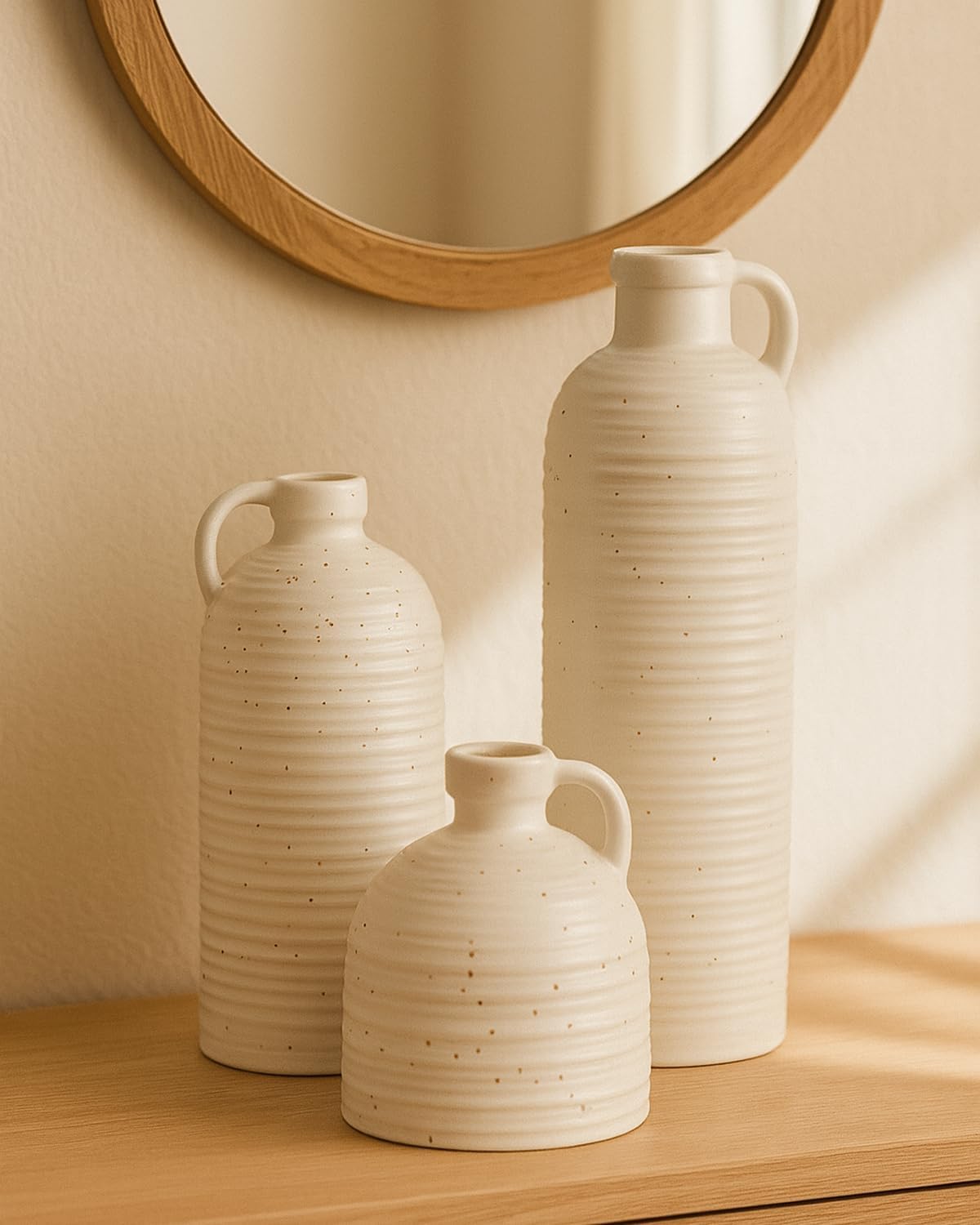 White Polka Dot Vase Set of 3, Ribbed Jugs with Handles for Home Decor
