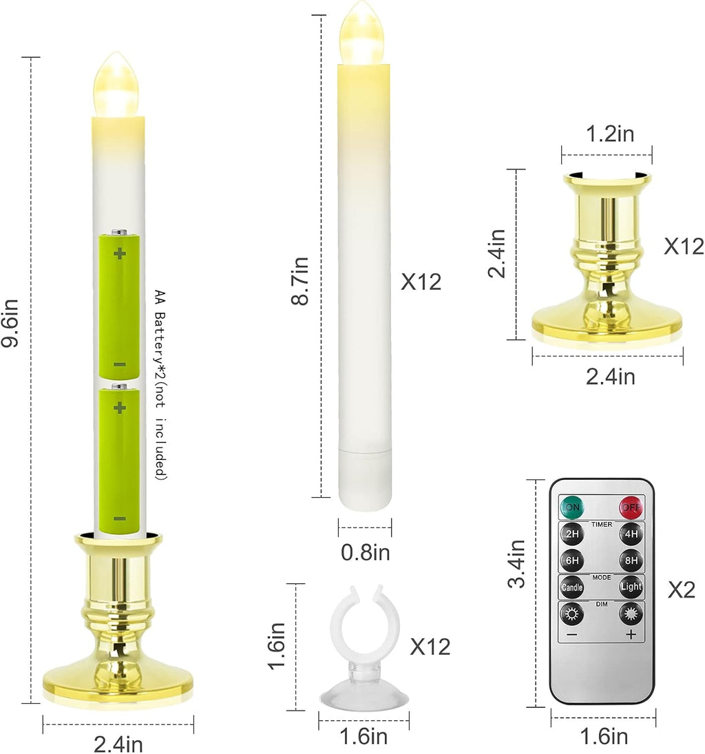 Window Candles 12 Pack Battery Operated Candle with 2 Remote Controls Timer Flameless Taper Candles Removable Golden Holder and Suction Cup for Christmas Decorations