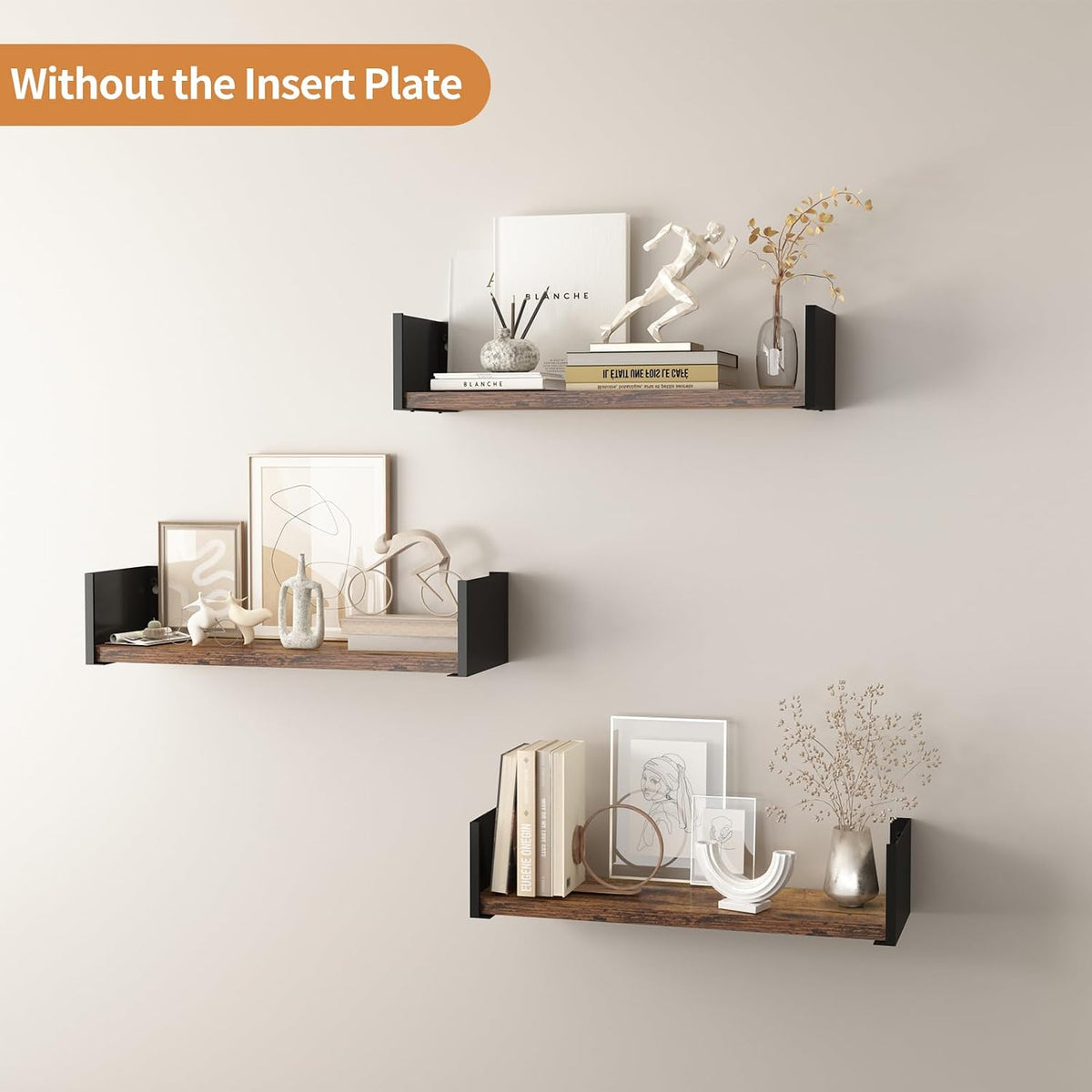 Wall Shelf with Removable Railing, 3 Same Sizes Floating Shelves