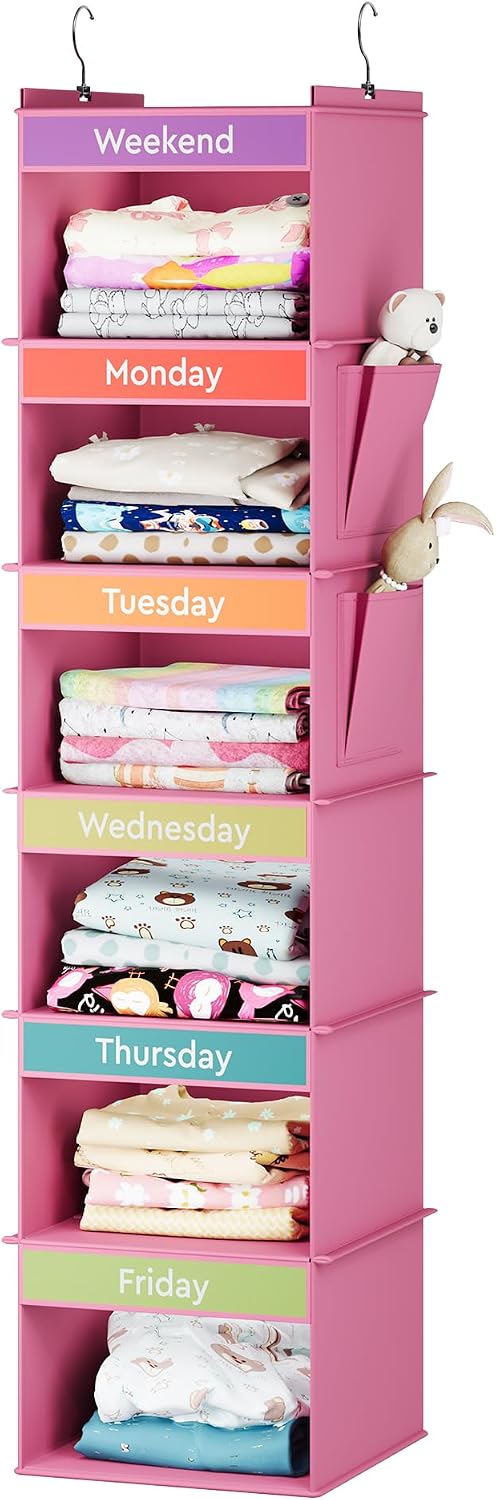 YOUDENOVA Weekly Clothes Organizer for Kids, Hanging Closet Organizer, Pink