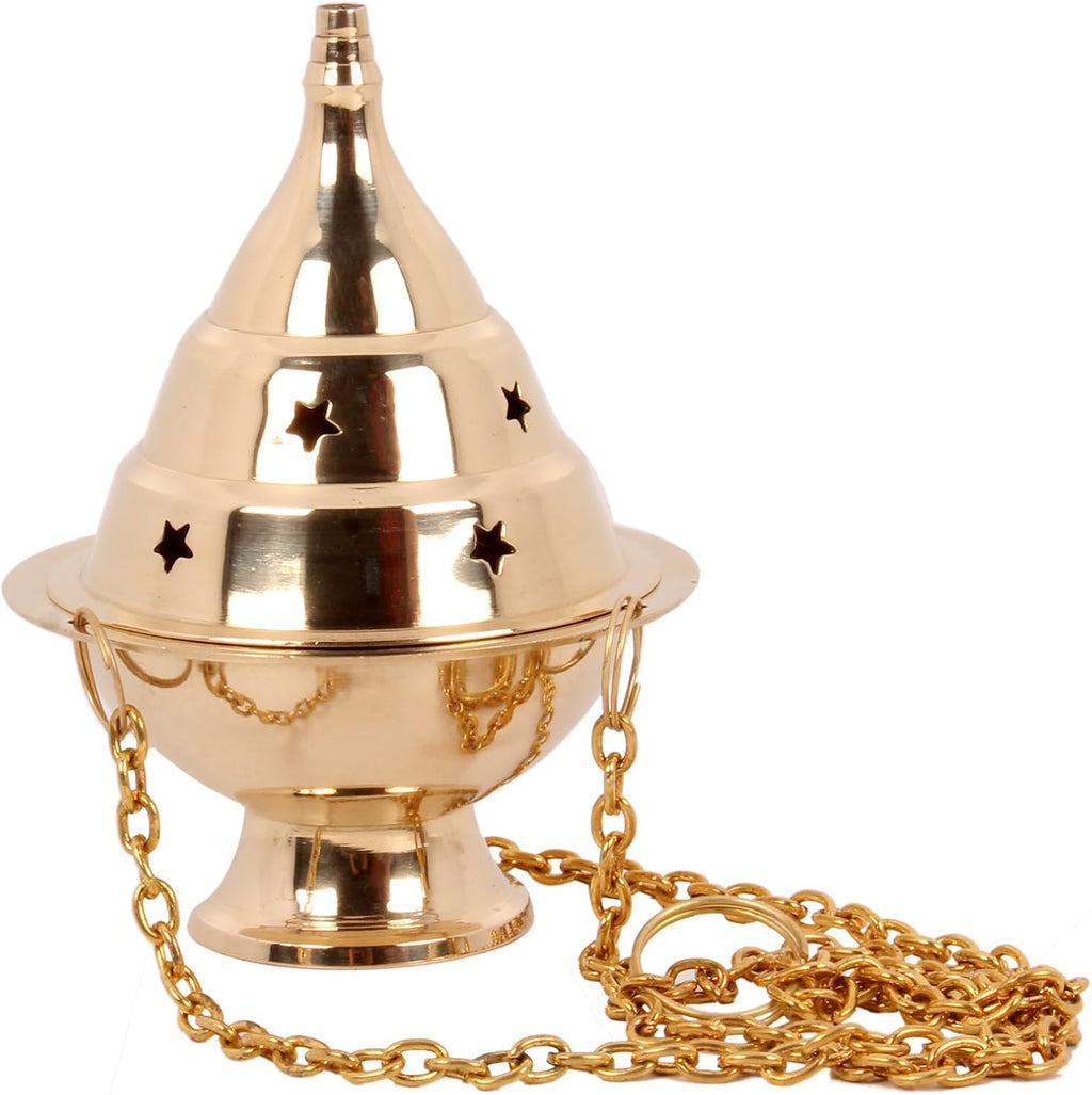 Brass Hanging Incense Censer with Chain for Charcoal, 4.5 Inch High