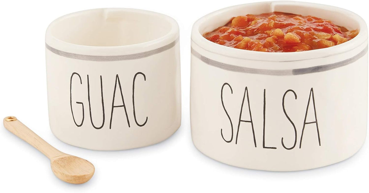 Mud Pie Salsa and Guac Bowl Set, Nesting Ceramic Dip Bowls with Wood Spoon