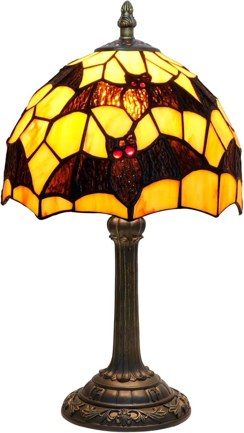 Tiffany Lamp Halloween Black Bat Stained Glass Table Lamp Handmade Bedside Table Night Unique Cute Accent Nightstand Light Antique Art Craft Gifts for Home Office Dormitory Bar Decorate