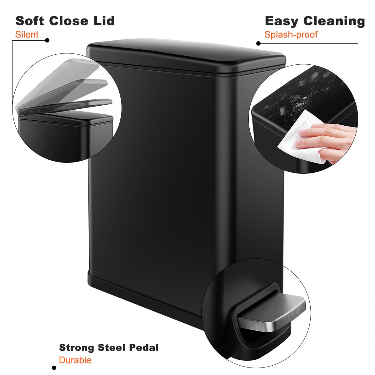 Slim Bathroom Trash Can with Lid Soft Close, 2.6 Gallon Stainless Steel Garbage Can with Removable Inner Bucket, Durable Step Pedal, Small Trash Bins for Toilet, Bedroom, Kitchen, Office