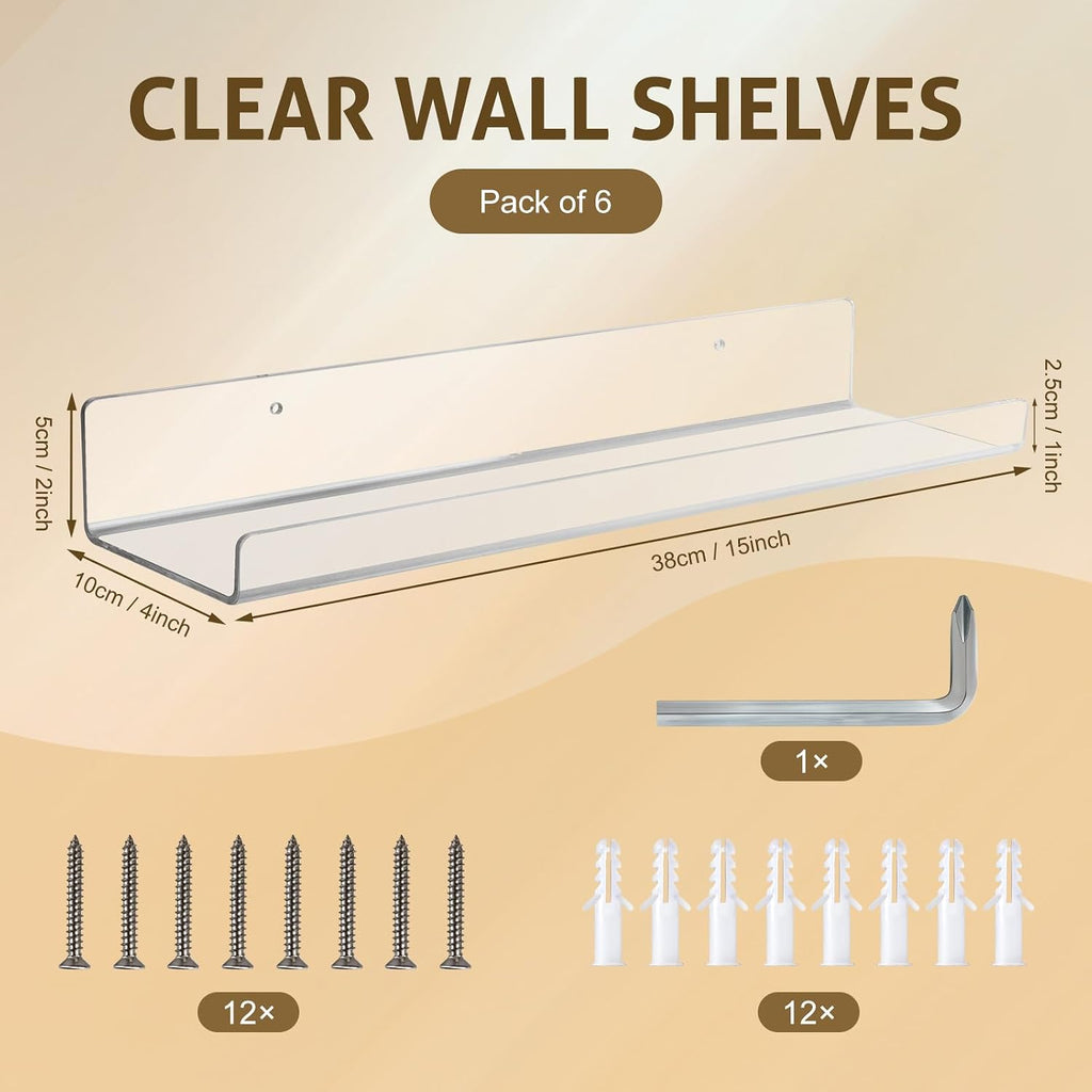 AMEITECH Acrylic Floating Shelves for Wall 6 Pack, 15" Acrylic Shelves for Room Decor, Book Shelf for Kids, Clear Hanging Display Shelf Organizer for Kitchen, Bedroom, Bathroon Organizers and Storage