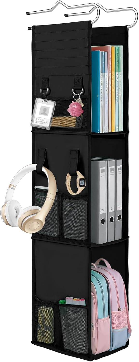 LOVEGRASS 3 Shelf Locker Organizer, Locker Shelf with Side Pockets, Black