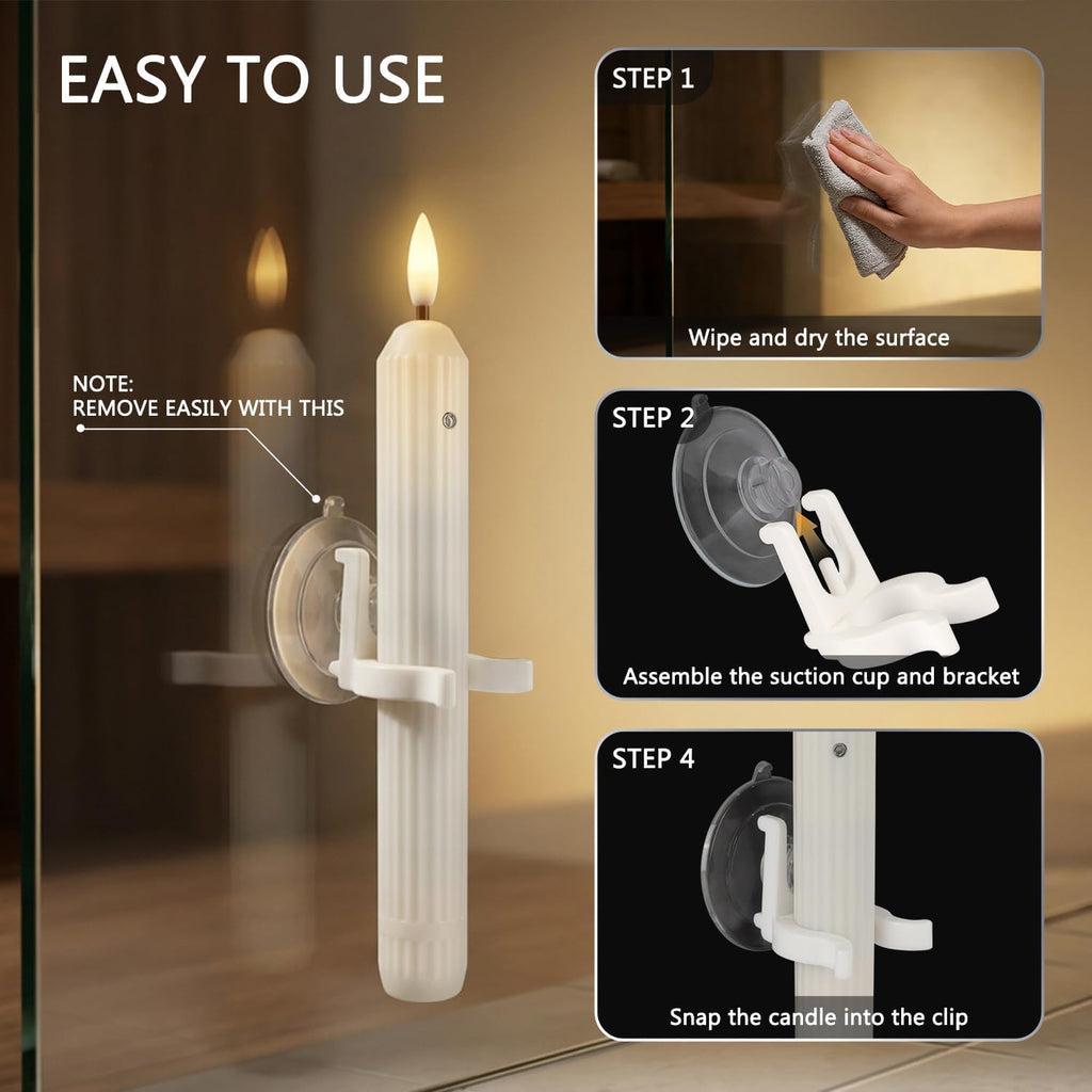 12 Flameless Led Taper Windows Candles with Sensor Dusk to Dawn & Ivory Striped Candlesticks with Suction Cups, Roman Column Christmas Window Candle Battery Operated for Home Decor