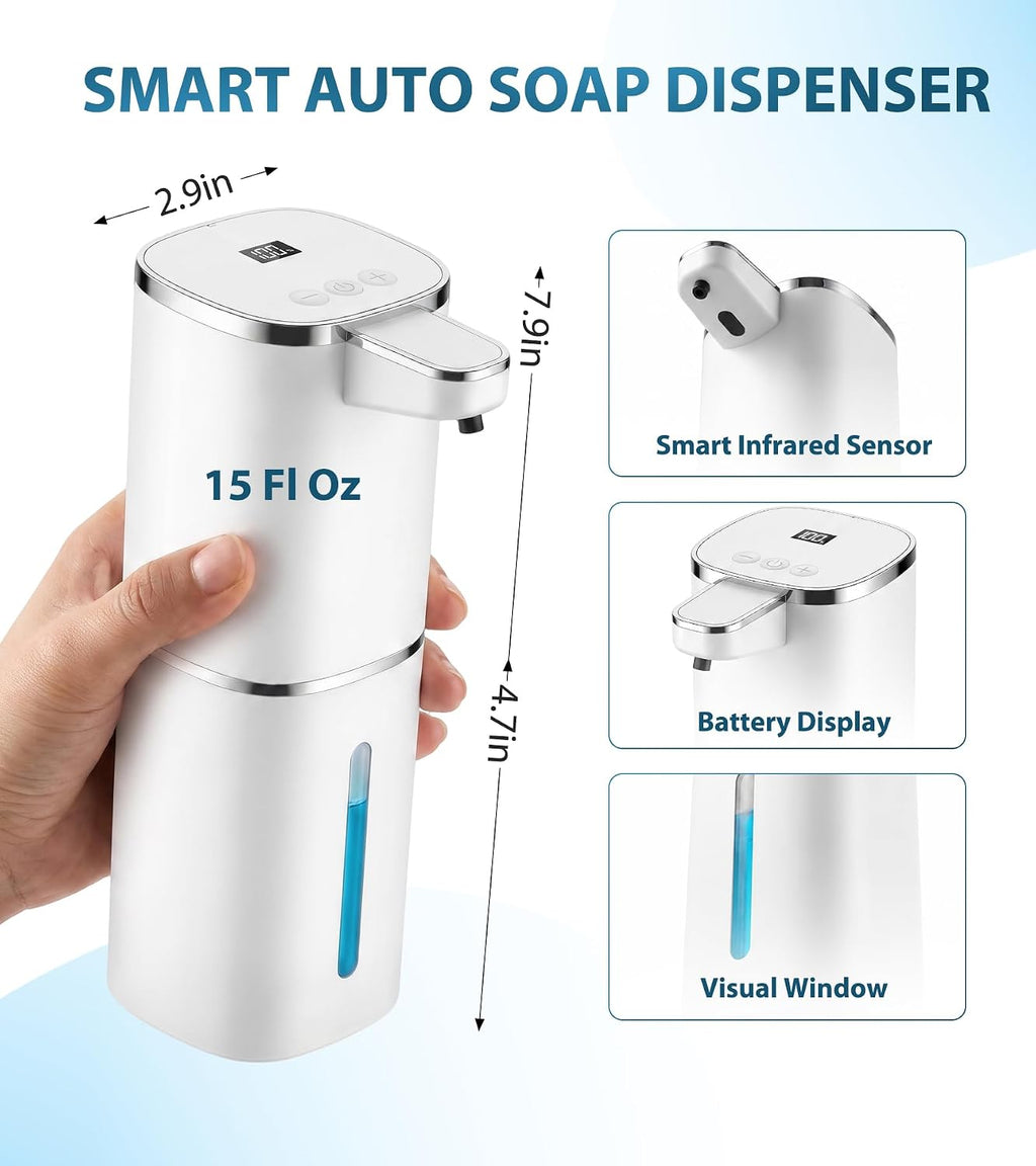RYTOXILO Automatic Soap Dispenser Touchless, 2 Pack White Auto Liquid Soap Dispensers 9 Level Adjustable, 15 Fl Oz Plastic Electric Hands Free Dish Soap Dispensers Wall Mount for Bathroom Kitchen