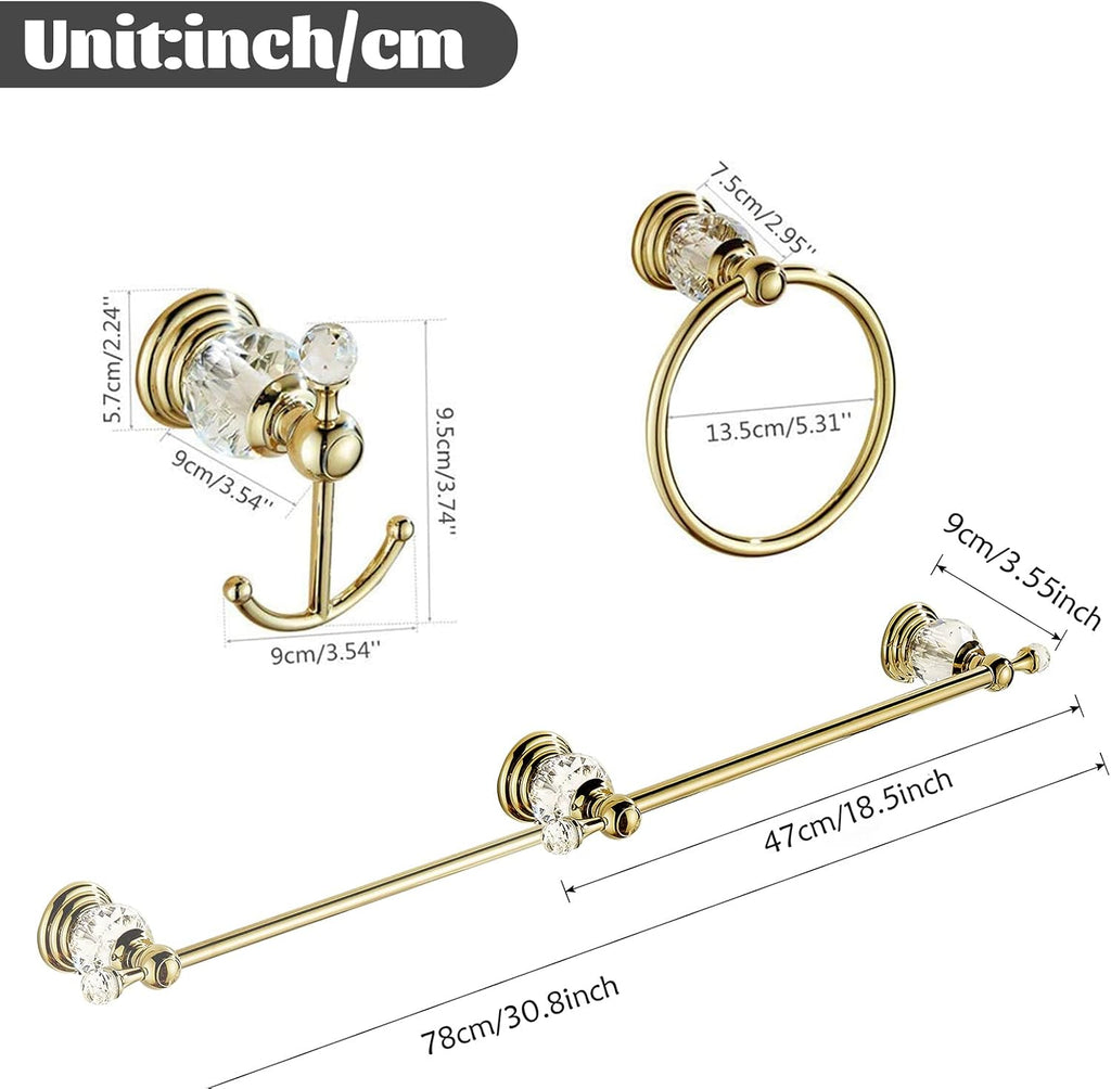 WINCASE Gold Bathroom Accessories, Adjustable Crystal Towel Bar Set, Golden Hardware Set Hand Towel Ring Racks Paper Holder Hook Wall Mounted
