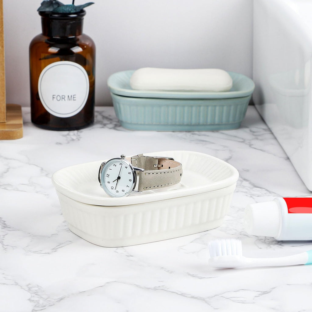 VanEnjoy White Ceramic Soap Dish, Self-Draining Kitchen Sink Soap Holder