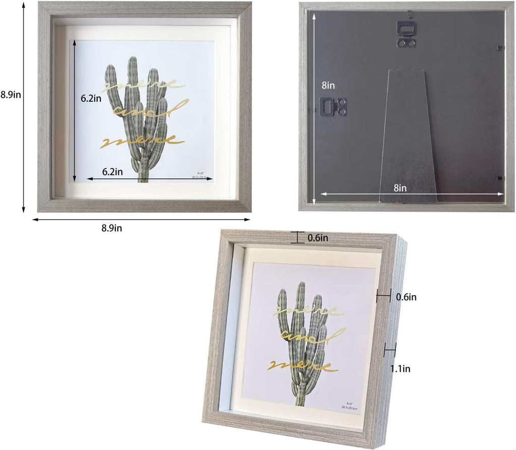 8x8 Shadow box Frame Grey Shadow Box Display Case Made of Solid Wood and Real Glass Deeps 0.6in for Wall Or Tabletop（3 Pack）