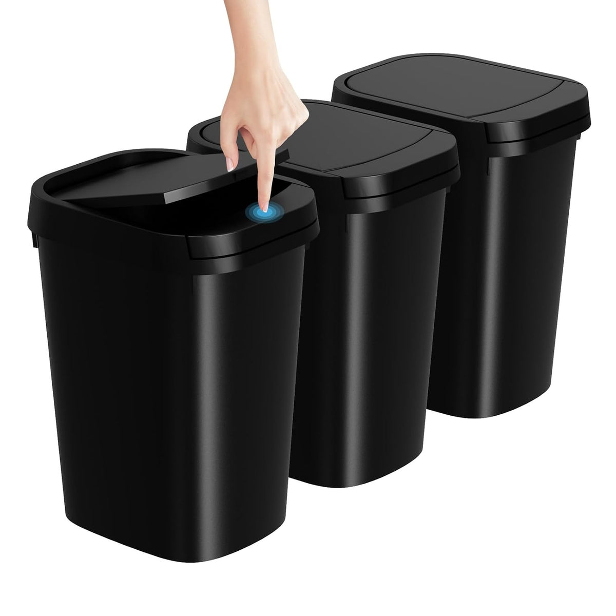 KSSKSS 3 Pack Bathroom Small Trash Can with Lid, 2.6 Gallon Slim Garbage Bin with Pop-Up Lid, 10L Plastic Wastebasket for Bedroom, Office, Kitchen, Toilet (Black)