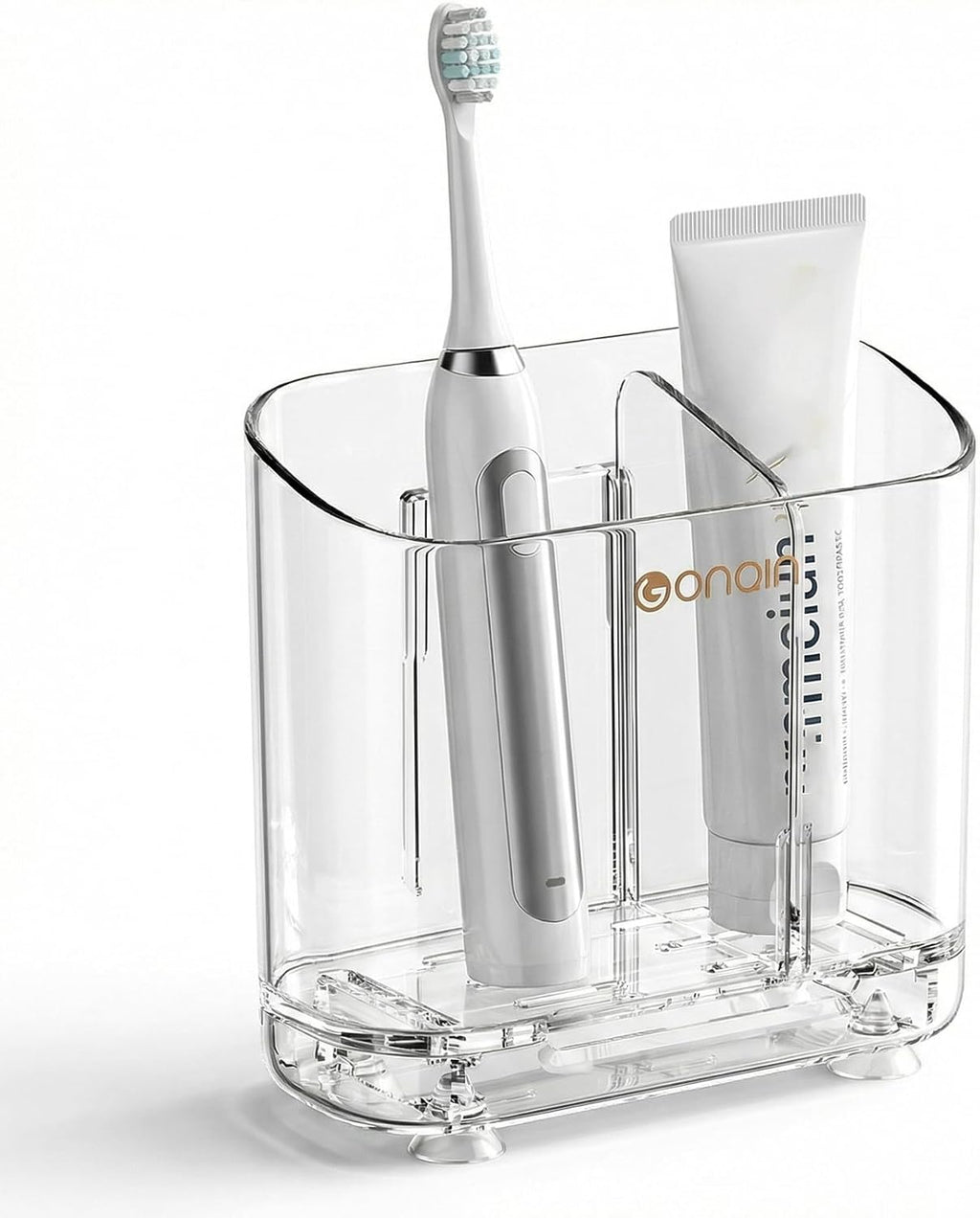 Acrylic Electric Toothbrush Holder with Detachable Base, 2 Slots Wall-Mounted Bathroom Storage Caddy, Clear Makeup Brush Organizer with Removable Divider for Toothpaste, Razors, Kitchen & Office Desk