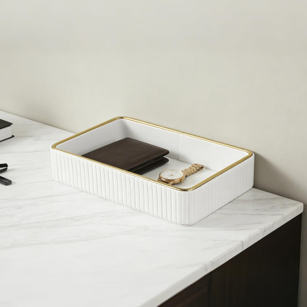 PU Leather Valet Tray,Desk Organizer Tray Nightstand Organizer Trinket Dish Storage Key Bowl Decorative Trays for Phone Wallet Jewelry Watch,Bathroom Bedroom Perfume Vanity Trays,Cream