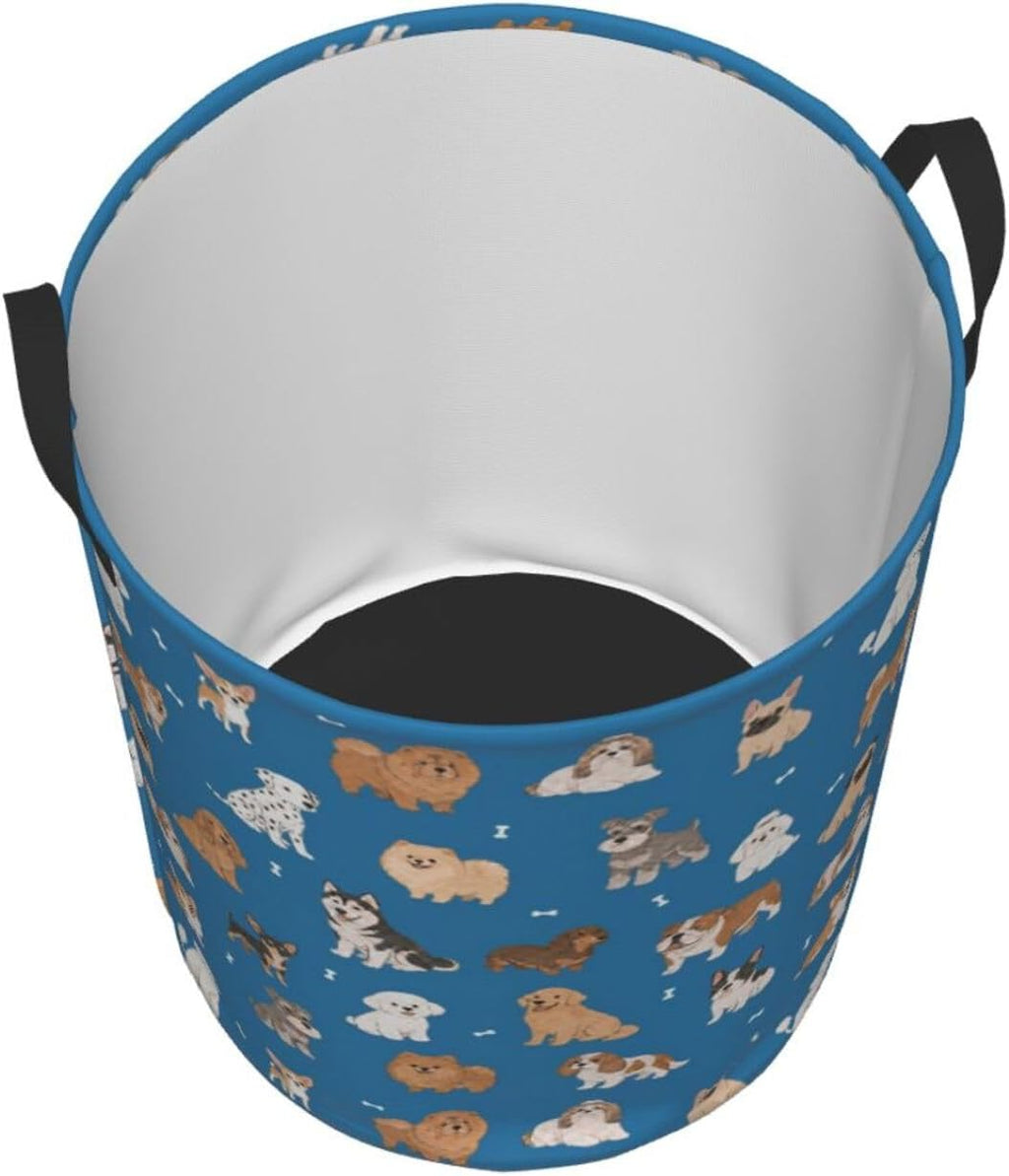 Cute Dog Animals Blue Round Laundry Hamper Storage Basket Toys Clothes Organizer Bin For Home Bathroom Bedroom Dorm Nursery, 38l