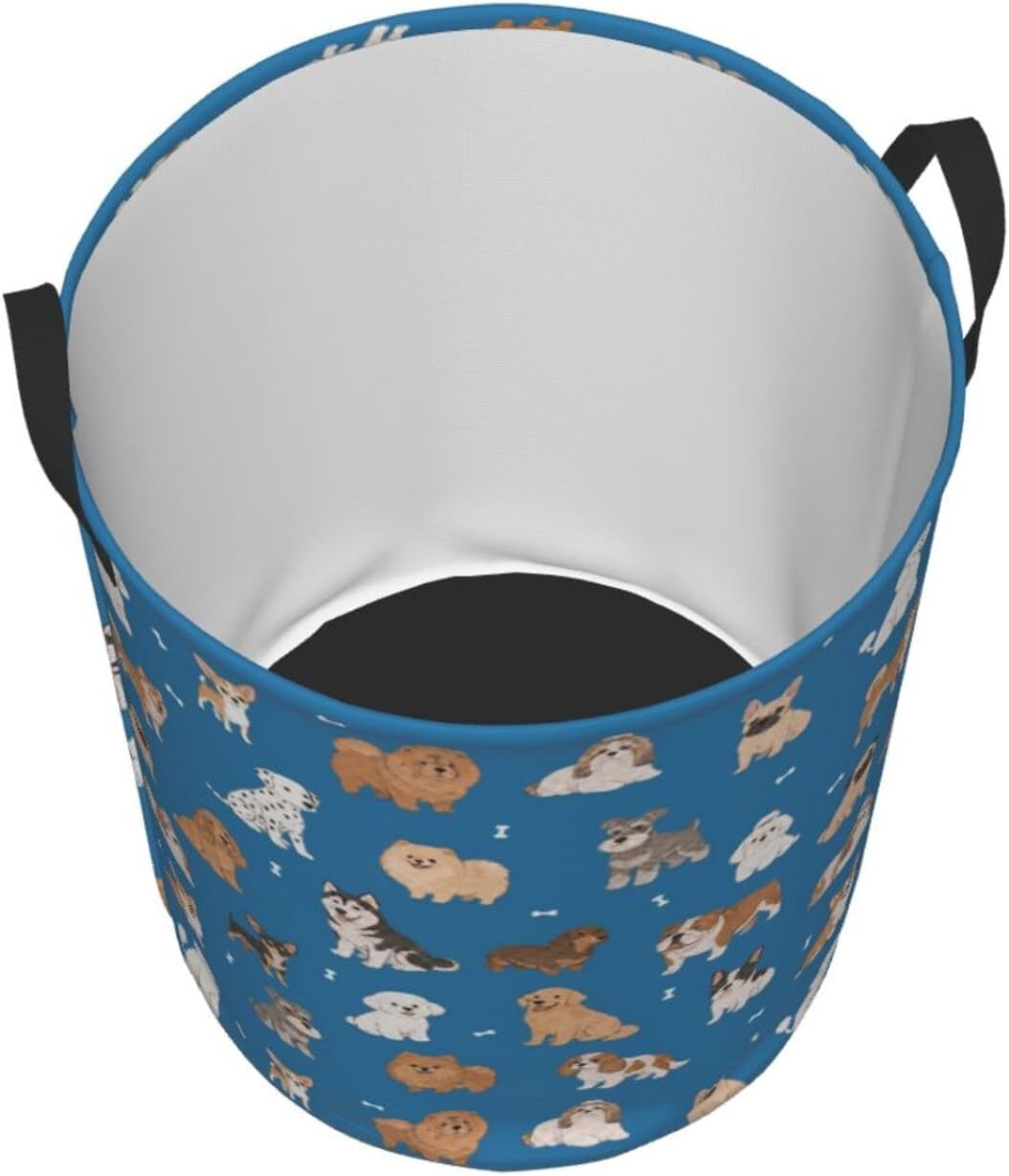 Cute Dog Animals Blue Round Laundry Hamper Storage Basket Toys Clothes Organizer Bin For Home Bathroom Bedroom Dorm Nursery, 38l