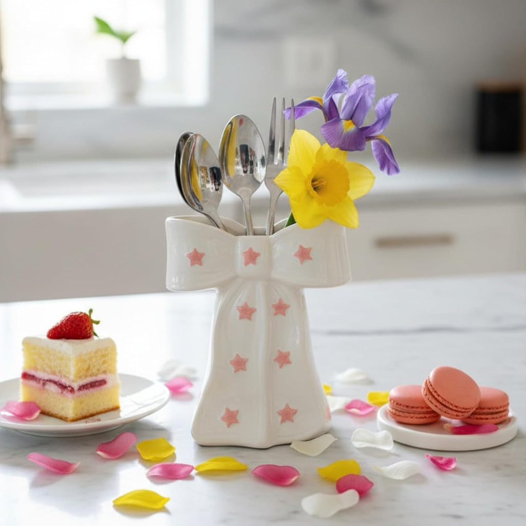 White Bow Vase, White and Pink Flower Vase for Home Decor