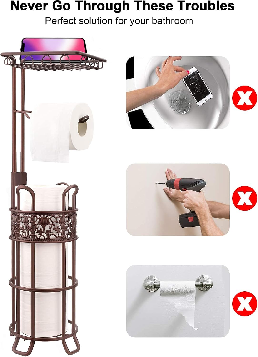Upgraded Toilet Paper Holder Stand for Bathroom, Holds 3 Big Rolls of Jumbo Mega Paper, Top Shelf for Wipes Tissue, Sturdy Freestanding Paper Roll Dispenser, Floral Pattern, Brown Red