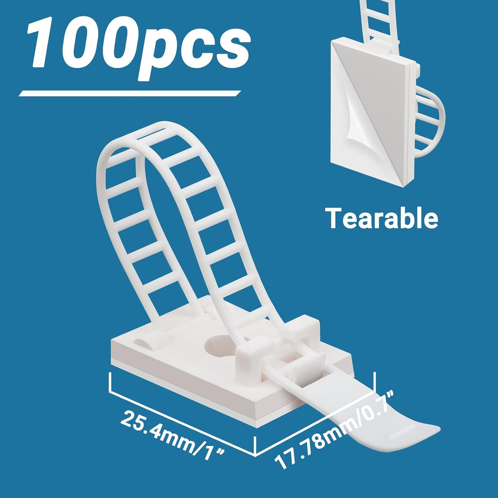 Segarty Cable Clips White, 100 PCS Small Self Adhesive Wire Ties Holder Adjustable Cords Organizer Clamps Ideal Cord Management for Hanging Tidying Wires for PC Desk Car Wall Office Home Outdoors