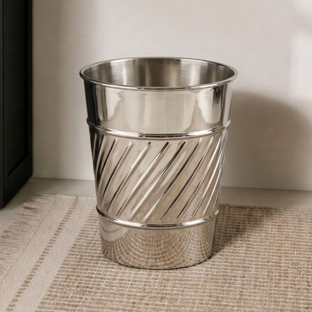 Monarch Abode Metal Bathroom Trash Can – Waste Basket for Bedroom, Office Desk, & Dorm, Handcrafted Wave Embossed, Durable Decorative Nickel Chrome Small Trash Can Bathroom Garbage Bin Wastebasket
