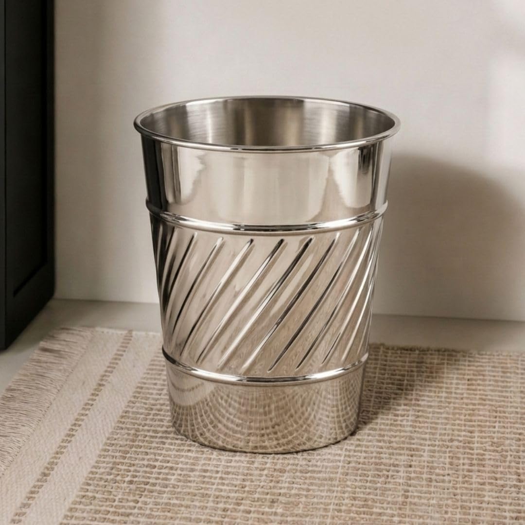 Monarch Abode Metal Bathroom Trash Can – Waste Basket for Bedroom, Office Desk, & Dorm, Handcrafted Wave Embossed, Durable Decorative Nickel Chrome Small Trash Can Bathroom Garbage Bin Wastebasket
