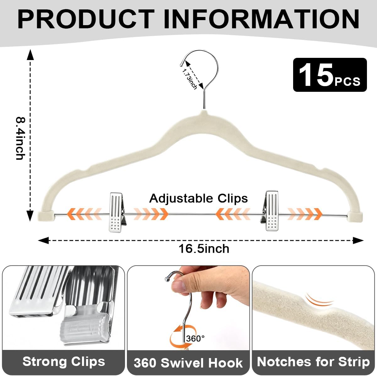 KISEER 15 Pack 16 Inch Velvet Clothes Hangers with Adjustable Clips, Heavy Duty Non Slip Space Saving Pants Skirt Hangers for Closet, Suit, Coat, Shorts, Dress (White)