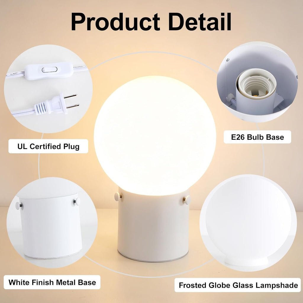 Somniferous Modern White Table Lamp with Frosted Glass Globe Shade, E26 Base, Includes 7W LED Bulb, Small Bedside Desk Lamp for Bedroom, Living Room, Nightstand, Office