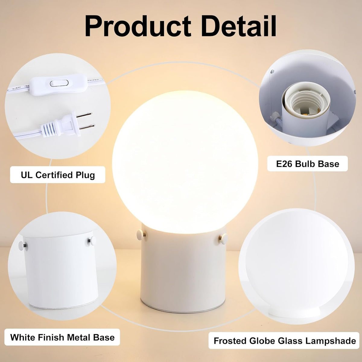 Somniferous Modern White Table Lamp with Frosted Glass Globe Shade, E26 Base, Includes 7W LED Bulb, Small Bedside Desk Lamp for Bedroom, Living Room, Nightstand, Office