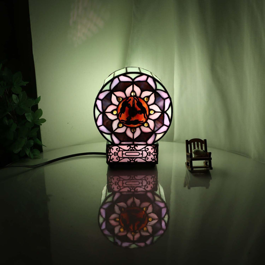 Bieye L12017 Tiffany Style Stained Glass Desk Clock Table Lamp with Lotus Flower Design (Three Hares)
