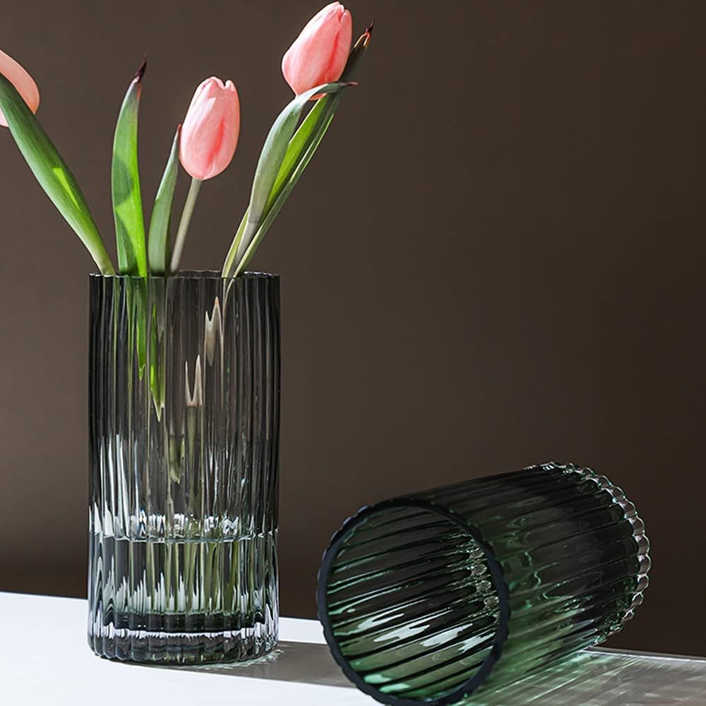Muyan 9.8" Flower Vase for Decor Ribbed Glass Vase Modern for Centerpieces Desktop Home Office Dining Living Room Wedding (Gray)