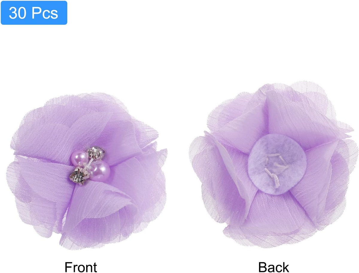 MECCANIXITY Artificial Rhinestone Chiffon Flower Heads, Light Purple Faux Flowers 2 Inch for DIY Craft Wedding and Party Decoration Pack of 30